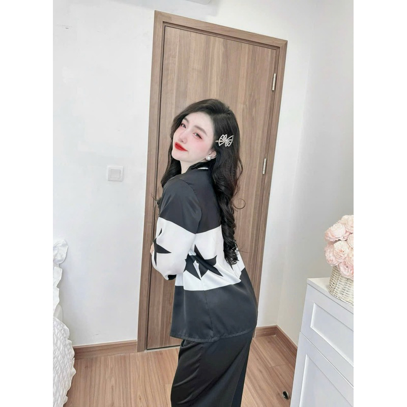 Đồ mặc nhà nữ áo tay dài quần dài hoạ tiết sang xịn mịn chất lụa latin