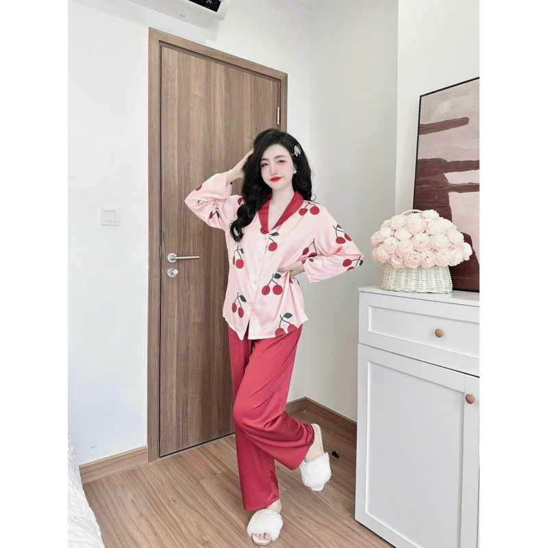 Đồ mặc nhà nữ áo tay dài quần dài hoạ tiết sang xịn mịn chất lụa latin