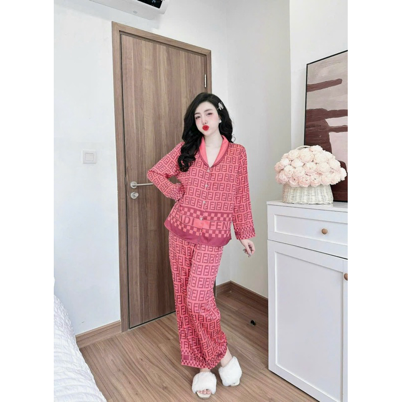 Đồ mặc nhà nữ áo tay dài quần dài hoạ tiết sang xịn mịn chất lụa latin