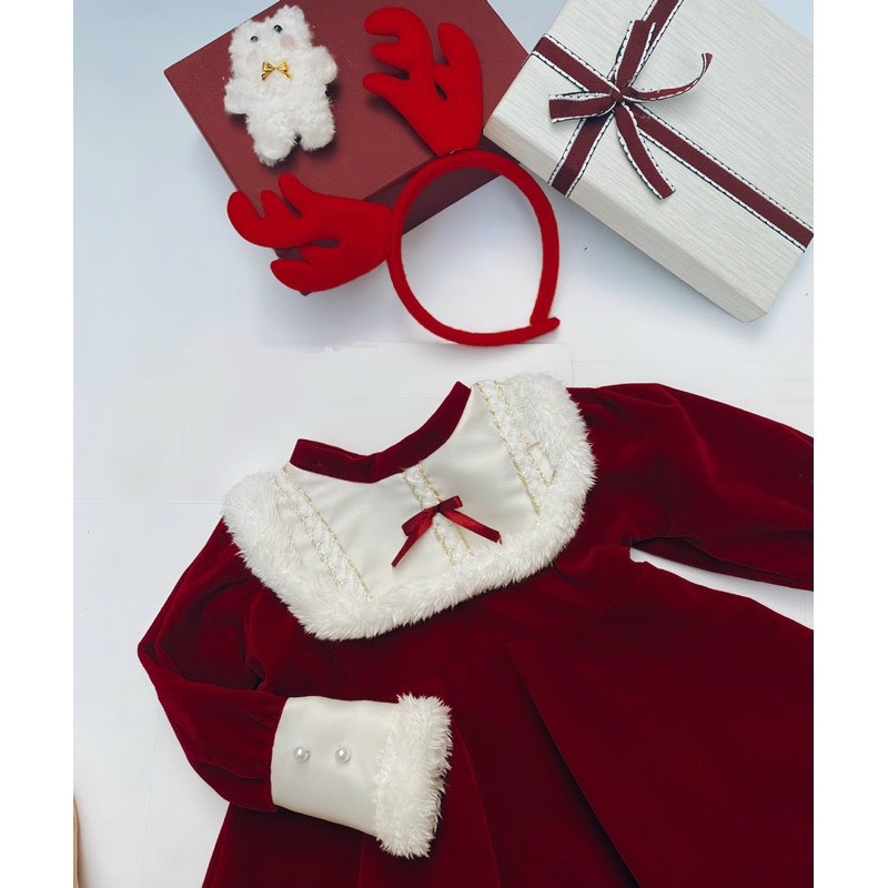 Váy nhung phối tay lông bé gái