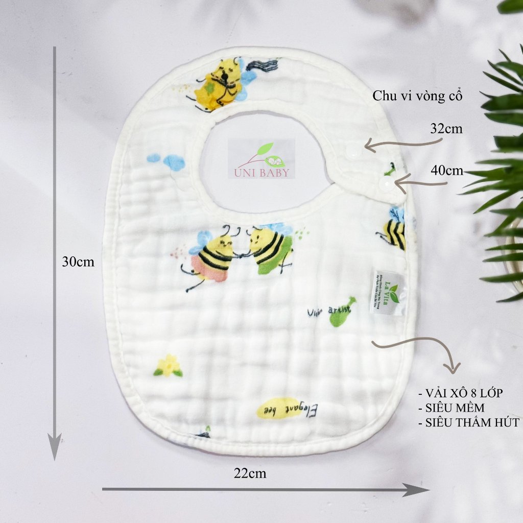 Yếm xô chữ U cho bé vuông 8 lớp cúc bấm 2 mặt màu trắng to dày dặn, thoáng khí siêu thấm hút size 30 x 22 cm Uni Baby