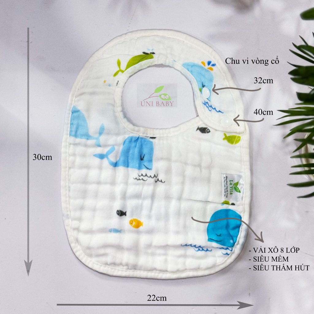 Yếm xô chữ U cho bé vuông 8 lớp cúc bấm 2 mặt màu trắng to dày dặn, thoáng khí siêu thấm hút size 30 x 22 cm Uni Baby