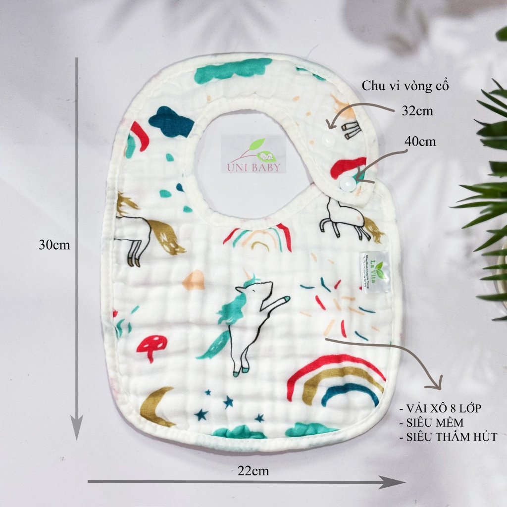 Yếm xô chữ U cho bé vuông 8 lớp cúc bấm 2 mặt màu trắng to dày dặn, thoáng khí siêu thấm hút size 30 x 22 cm Uni Baby