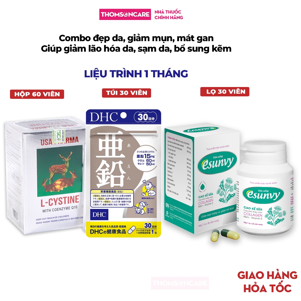 Combo đẹp da, giảm mụn mát gan DHC Kẽm, Lcystine, Viên Esunvy- Giúp tăng chức năng gan, bổ sung kẽm giảm lão hóa da.