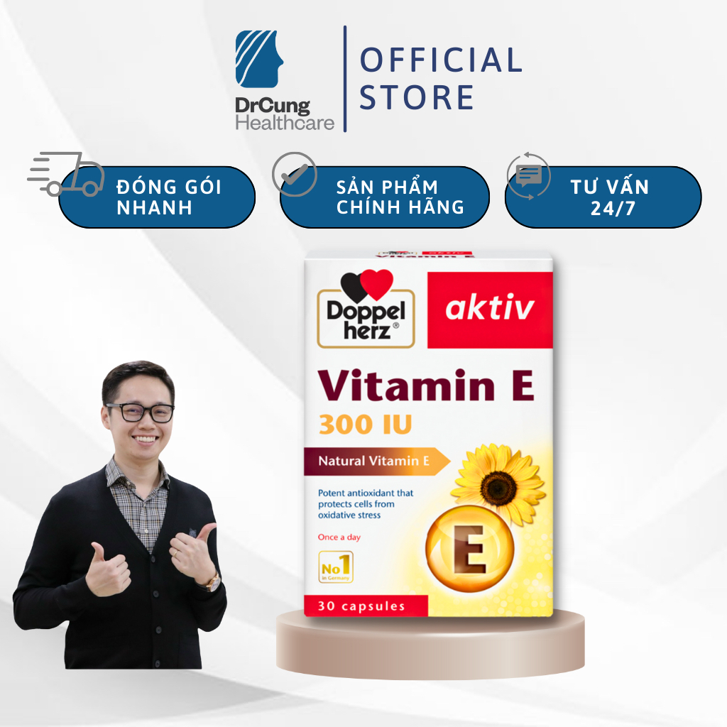 Bác Sĩ Cung Doppelherz Aktiv Vitamin E - Viên Uống Bổ Sung Vitamin E, Chống Lão Hoá, Đẹp Da (Hộp 30 Viên) [Chính Hãng]