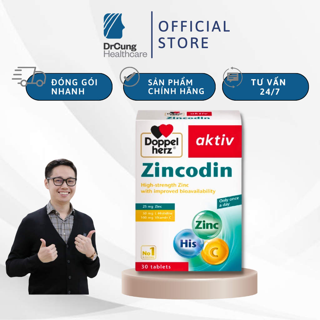 Bác Sĩ Cung Zincodin (Doppelherz) - Tăng Sức Đề Kháng, Tăng Cường Sức Khoẻ, Kẽm, Vitamin C (30 Viên) [Chính Hãng Đức]