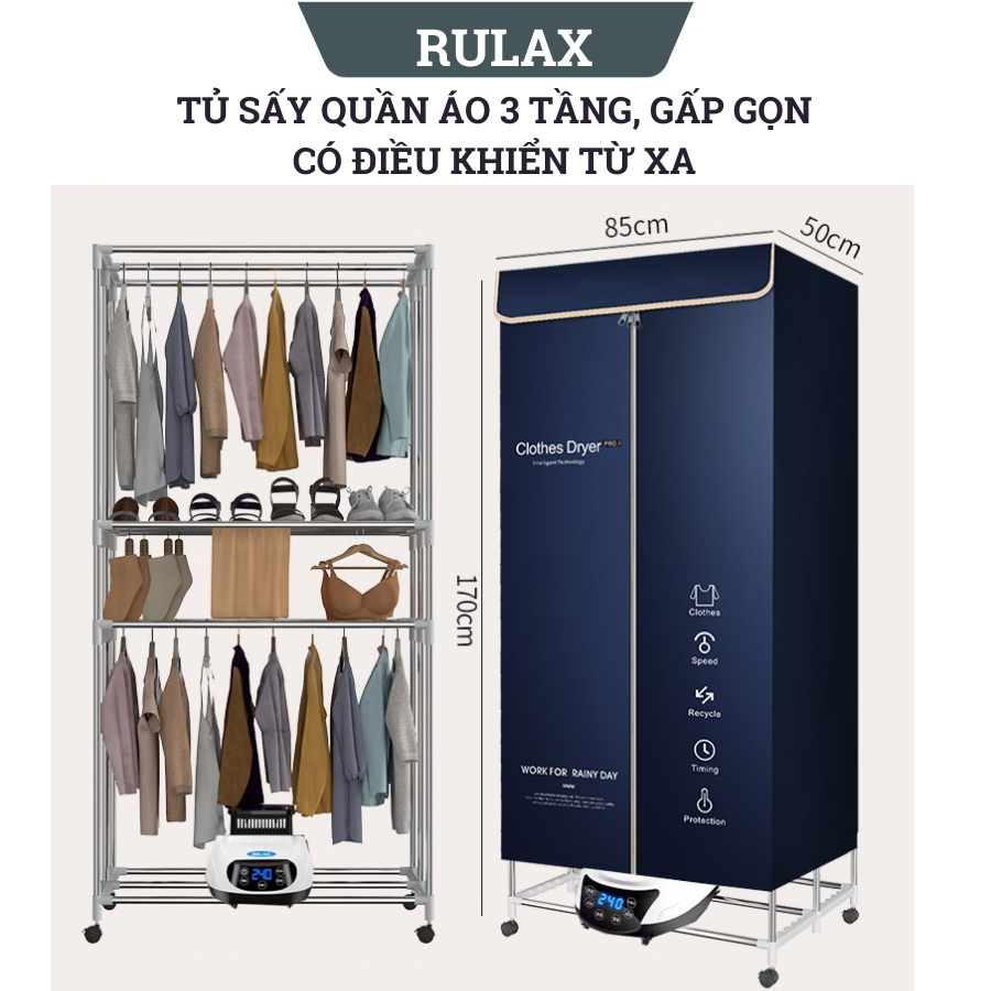 Tủ Sấy Quần Áo RULAX 3 Tầng, Có Gấp Gọn Đa Năng, Có Điều Khiển Từ Xa, Máy Sấy Quần Áo Công suất Lớn 2300W |BH 12 Tháng|