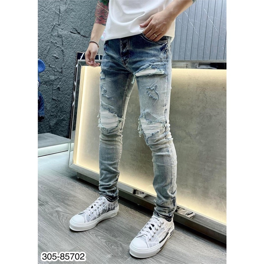 Quần Jean Nam AMIRI Xanh Nhạt Like_Auth Mài Bạc 4 Cúc Lót Da Nhăn Quần bò nam xanh khói vá da cứng bản 4 cúc