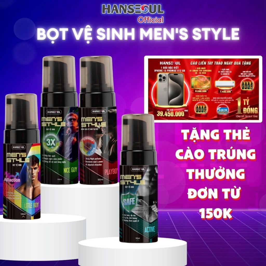Combo Dung Dịch Vệ Sinh Nam Men’s Style Dạng Bọt Sạch Thơm Kháng Khuẩn Kéo Dài Cuộc Yêu Hanseoul 100ml