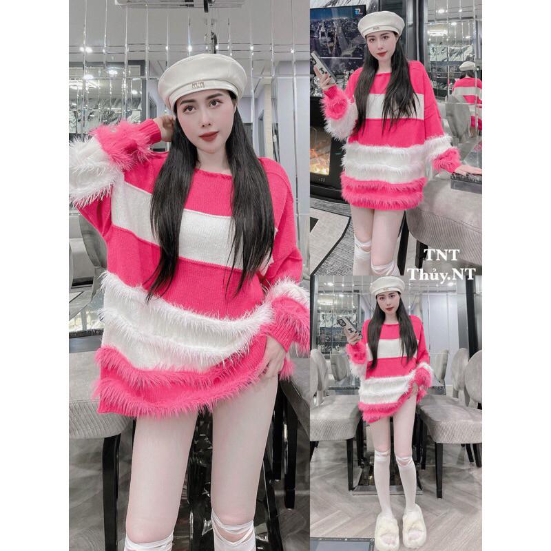Áo len lông nữ kẻ ngang dáng giấu quần tay bèo hàng Qc