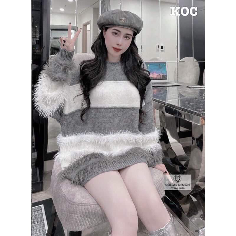 Áo len lông nữ kẻ ngang dáng giấu quần tay bèo hàng Qc