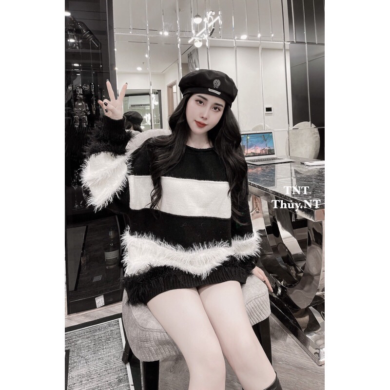 Áo len lông nữ kẻ ngang dáng giấu quần tay bèo hàng Qc