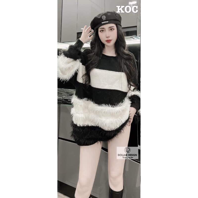 Áo len lông nữ kẻ ngang dáng giấu quần tay bèo hàng Qc