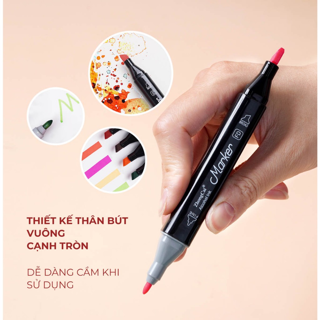 Bút màu marker ZhongCai 30 màu đa dạng, bút lông màu 2 đầu đựng túi vải dùng vẽ tranh, tô màu NO.702