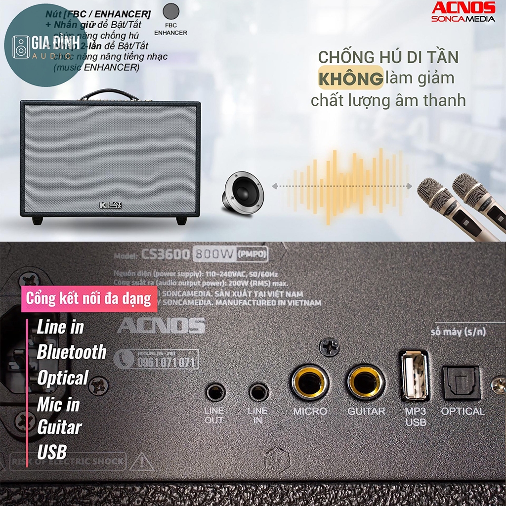 Loa karaoke xách tay Acnos CS3600 - Tích hợp nâng tiếng - 200W RMS - Chính Hãng
