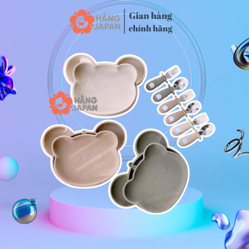 Khay, đĩa, bát, thìa nĩa ăn dặm Bar Rot silicon cho bé hình gấu có đế hít chống trượt