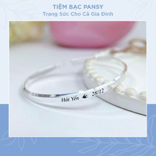 Vòng tay bạc PANSY cuff nam nữ đeo cá tính - Lắc tay bạc ta thân vát cạnh khắc tên