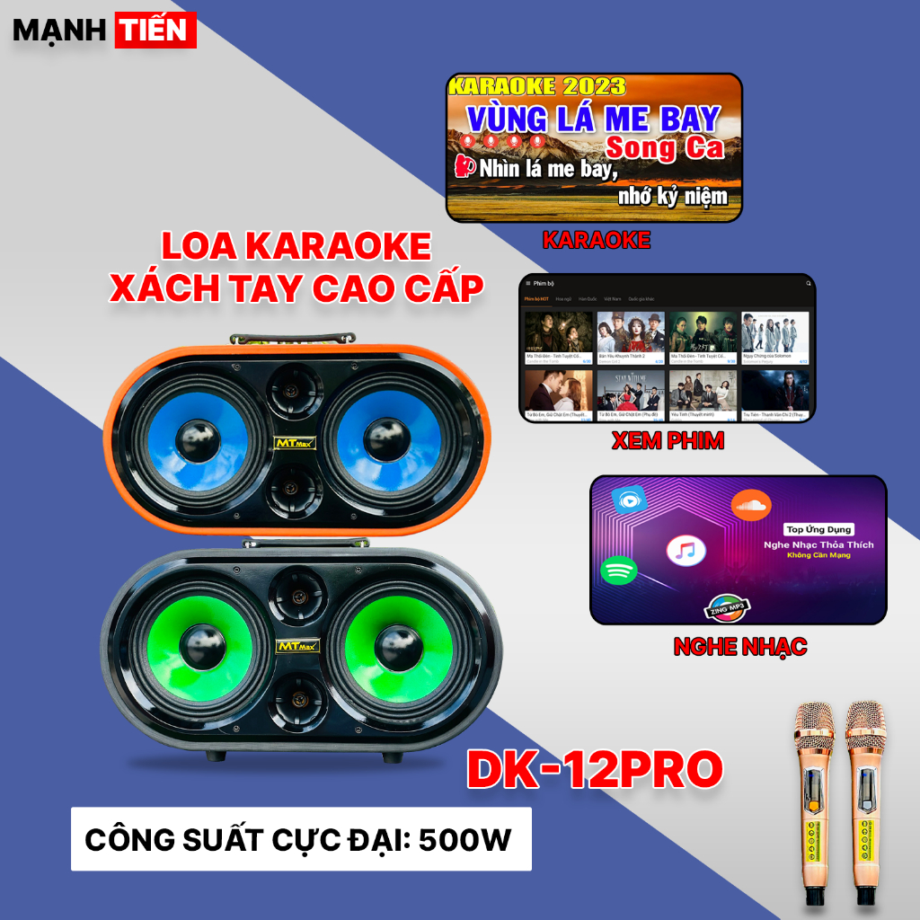 Loa Karaoke Xách Tay Mới Nhất 2024 - MTMAX DK12Pro - Loa 3 Đường Tiếng Công Suất Lớn 500W, Bass Đôi 2 Tấc