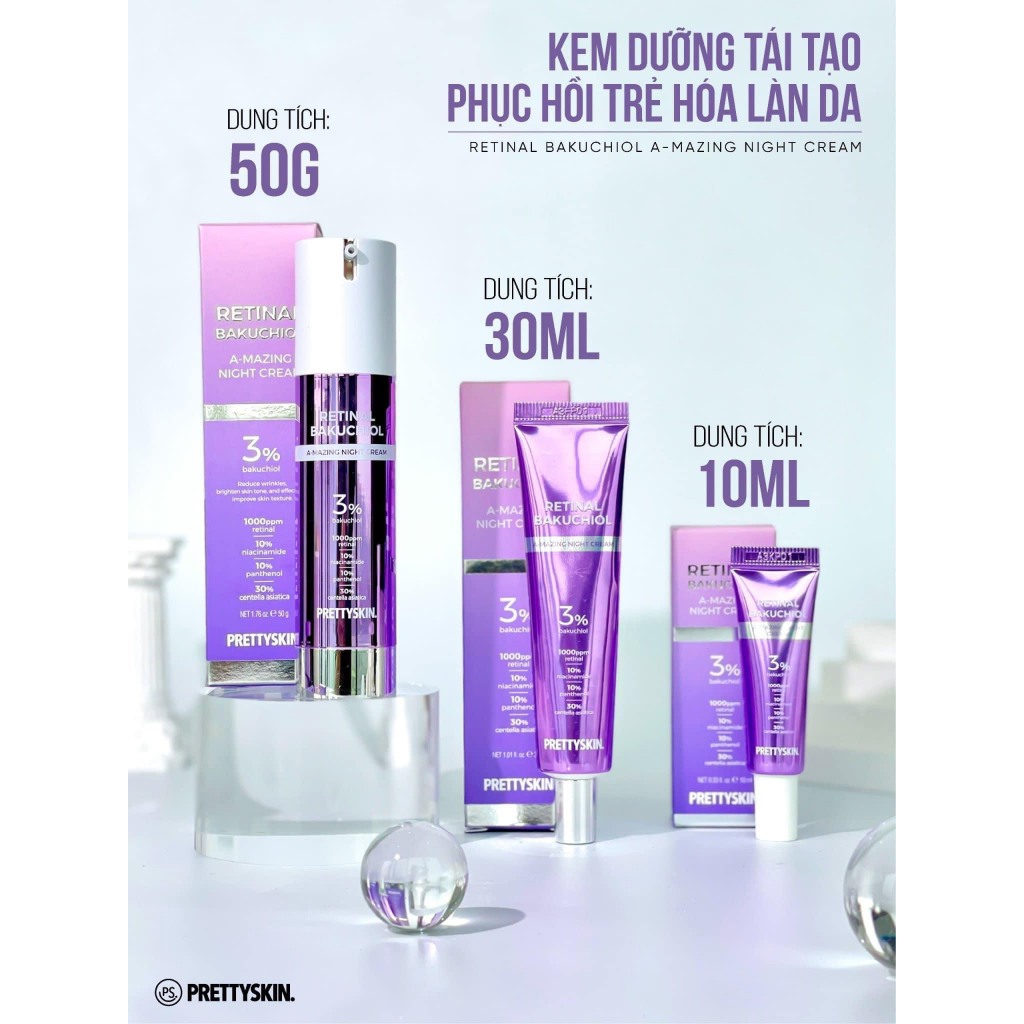 Prettyskin ,Retinol, kem dưỡng Pretty Skin retinal bakuchiol A-mazing night cream,tái tạo trẻ hóa , căng bóng đều màu da