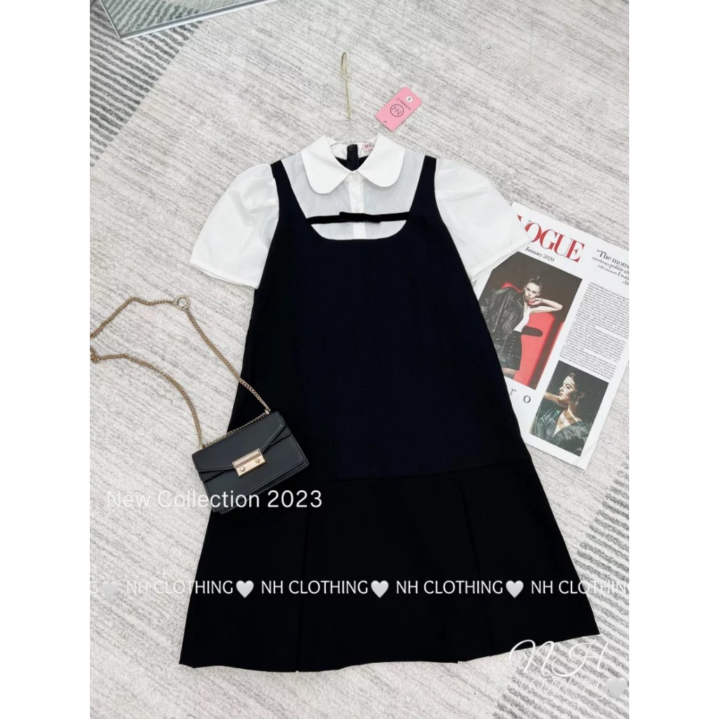 Váy suông đen phối sơ mi trắng nơ nhỏ, đầm babydoll phối sơ mi tiểu thư