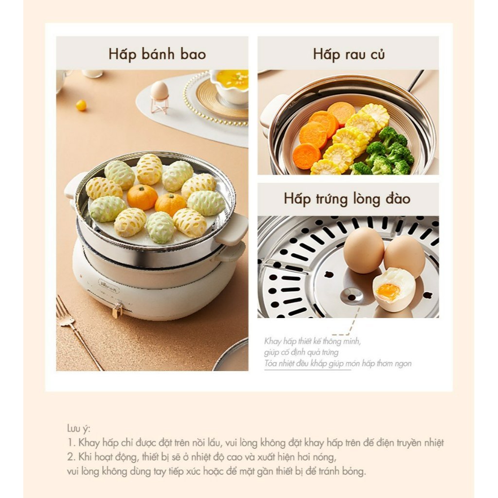 Nồi Lẩu Nướng BEAR, Bếp Lẩu Đa Năng 4L-  3in1 Kèm Khay Hấp-Bảo Hành 12 Tháng-Hàng Có Sẵn - Singhouse