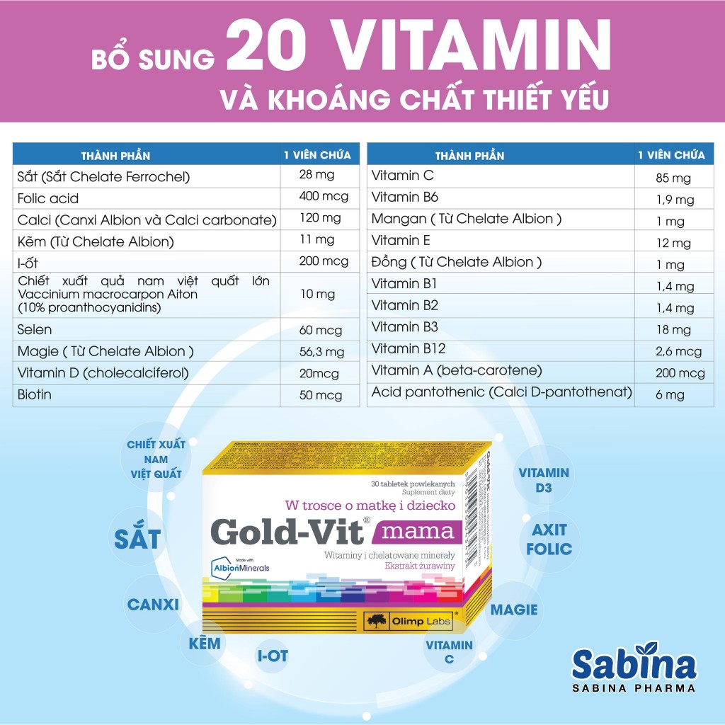 Viên uống Gold-vit Mama bổ sung vitamin & khoáng chất thế hệ mới cho mẹ bầu, sau sinh hữu cơ