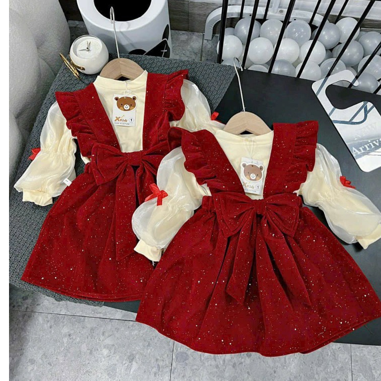 (9-19kg) sét váy nhung nơ kim tuyến kèm áo zip tay bồng cho bé gái đi tiệc