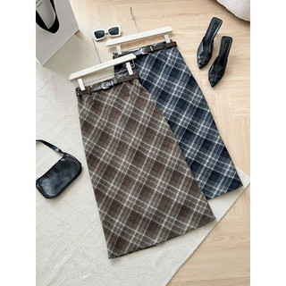 Chân váy dạ kẻ kèm đai