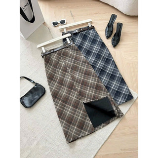 Chân váy dạ kẻ kèm đai