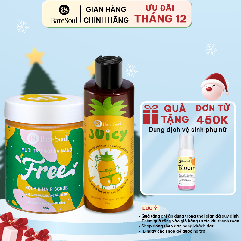 Combo chuyên sâu tẩy tế bào chết, giảm mụn, viêm lỗ chân lông, mờ thâm và làm sáng da BareSoul Juicy 250g +  FREE 250g