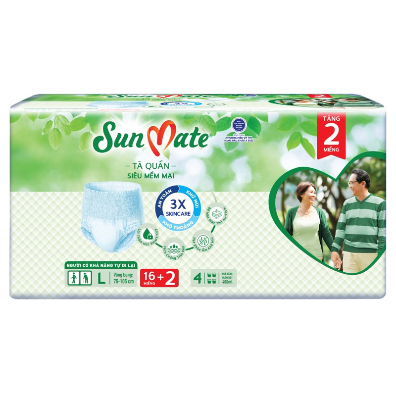 Tã Quần/Dán Người Lớn SunMate Khô Thoáng M18/L16/XL14