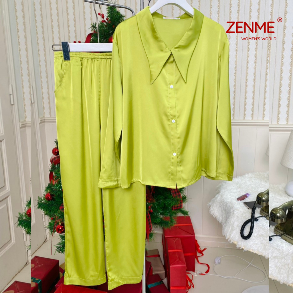 Bộ mặc nhà, đồ ngủ Pijama nữ thiết kế cổ nhọn Lụa Latin tay dài quần dài thu đông, ZENME PJDN1123