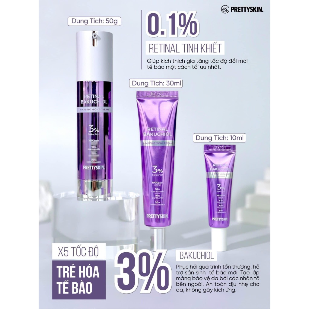 Retinol Pretty Skin, kem dưỡng Retinal Bakuchiol A-Mazing Night Cream, tái tạo da căng bóng, trắng mịn, mờ thâm