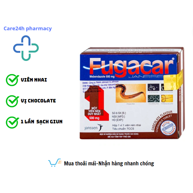 Fugacar 500mg Janssen hương socola tẩy một hay nhiều loại giun đường ruột