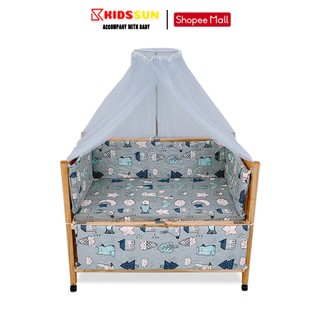 Bộ 5 sản phẩm KIDSSUN ga chun, đệm bông ép, quây 4 tấm, màn và khung inox