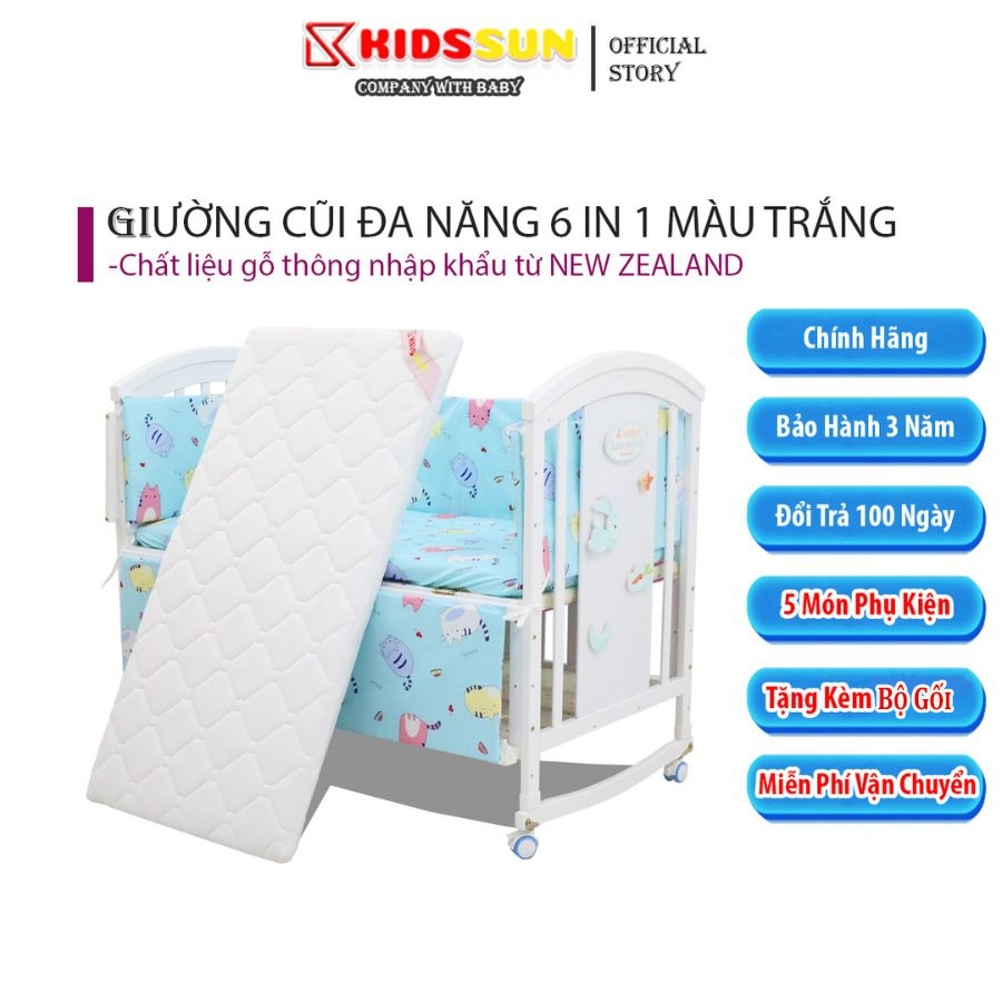 Giường cũi đa năng 6 in 1 màu trăng KIDSSUN cho bé, tặng kèm 6 món phụ kiện, thông minh an toàn tiện lợi bảo hành 3 năm