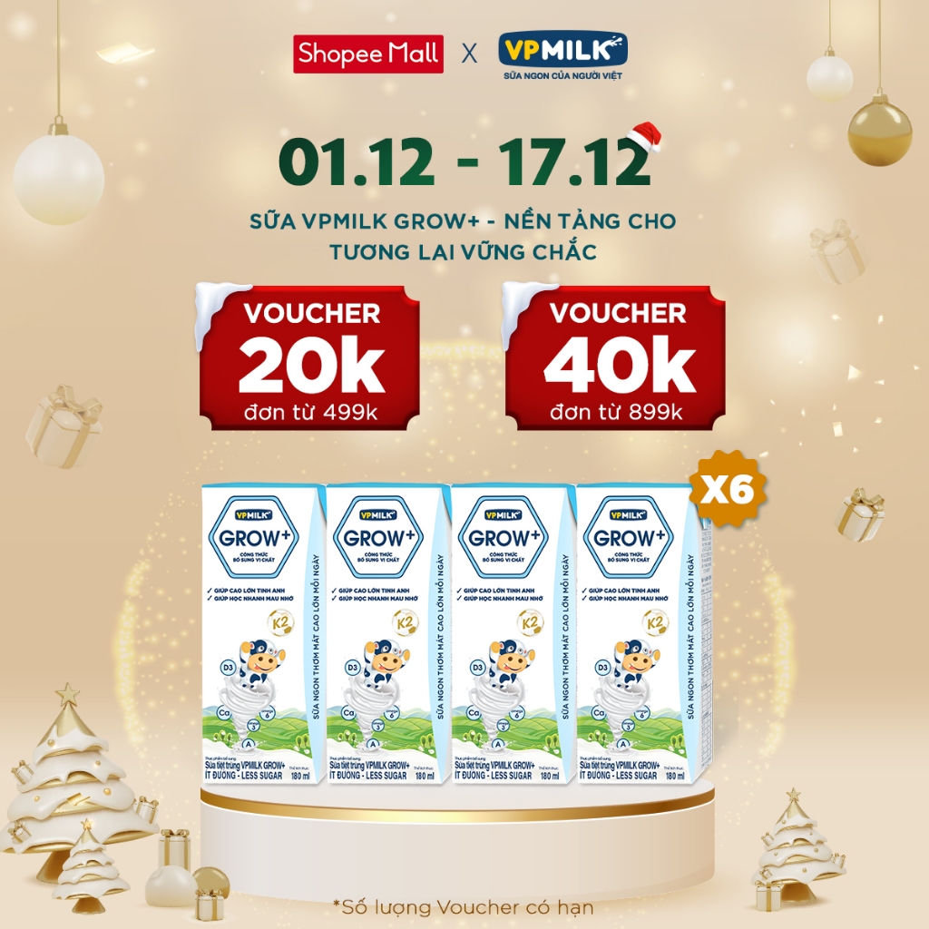 sữa tươi tiệt trùng VPMilk Grow+ ít đường 180ml (lốc 4 hộp x 6)