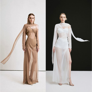 XIPI - Amelinda (White/Black/Brown) - Đầm Voan Lệch Vai Xẻ Tùng