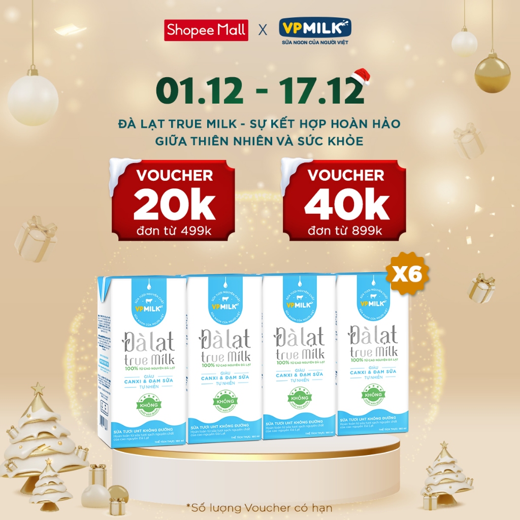 sữa tươi UHT Đà Lạt True Milk VPMilk không đường 180ml (lốc 4 hộp x 6)