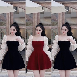 Đầm nhung tiểu thư cúp ngực dáng xòe phối tay voan nhún Đầm đi chơi Tết Noel Bigsize KN từ 50kg đến 100kg L/XL/XXL
