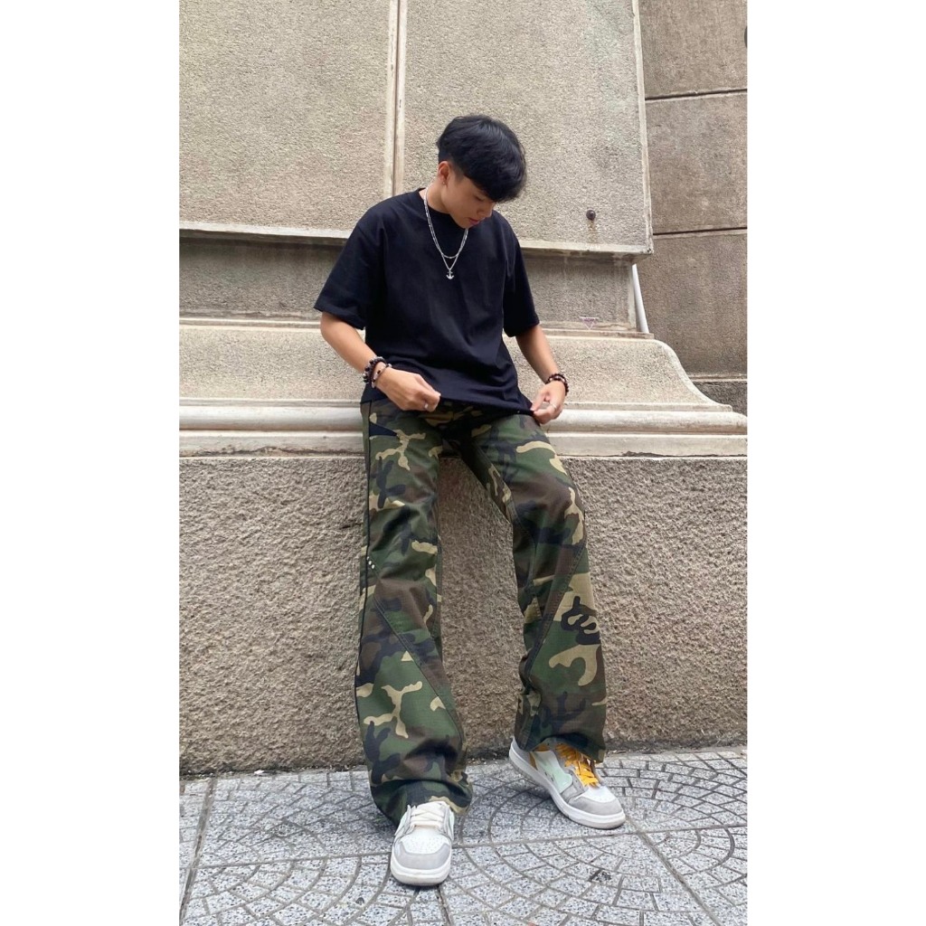 Quần camo khaki ống rộng
