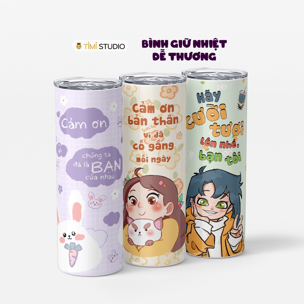 Bình Giữ Nhiệt Hình Cute Dễ Thương - 600ml - Tặng Túi Đựng + Ống Hút Inox - Tỉ Mỉ Studio
