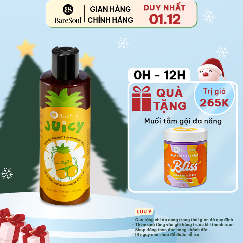 Gel dưỡng thể ngừa viêm lỗ chân lông và mụn cơ thể AHA 7% BareSoul Body Gel For Oily & Acne-Prone Skin Juicy 250gr