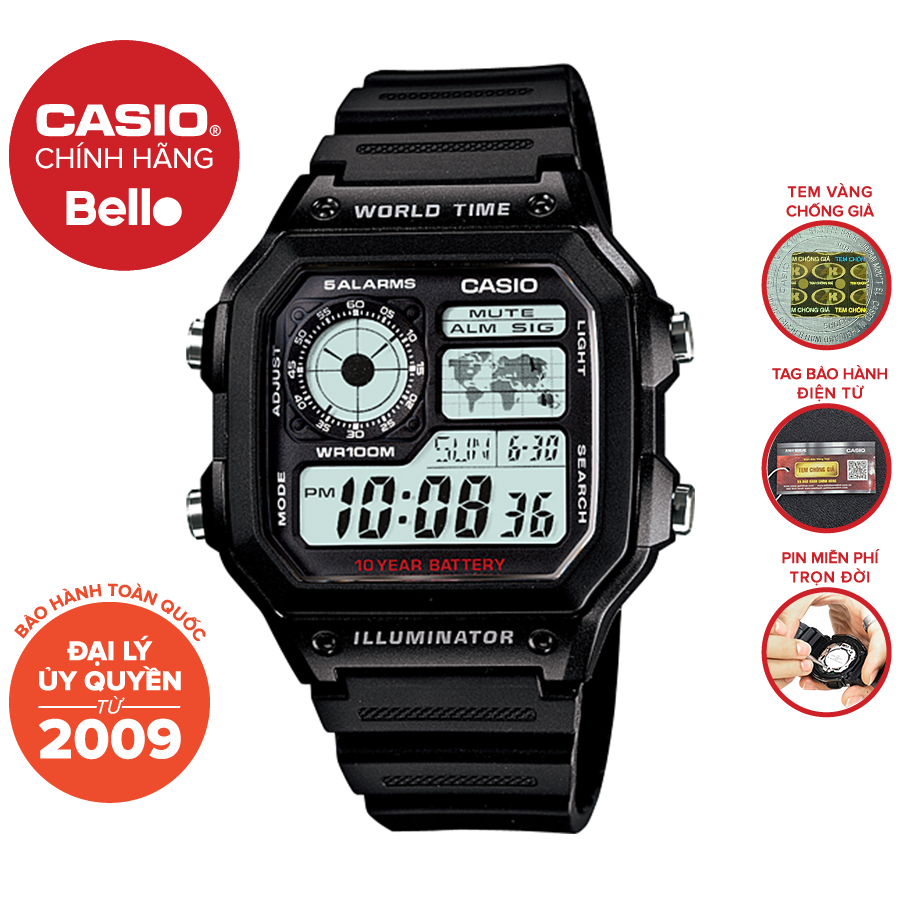 Đồng hồ dây nhựa Casio Nam AE-1200 chính hãng bảo hành 1 năm Pin trọn đời