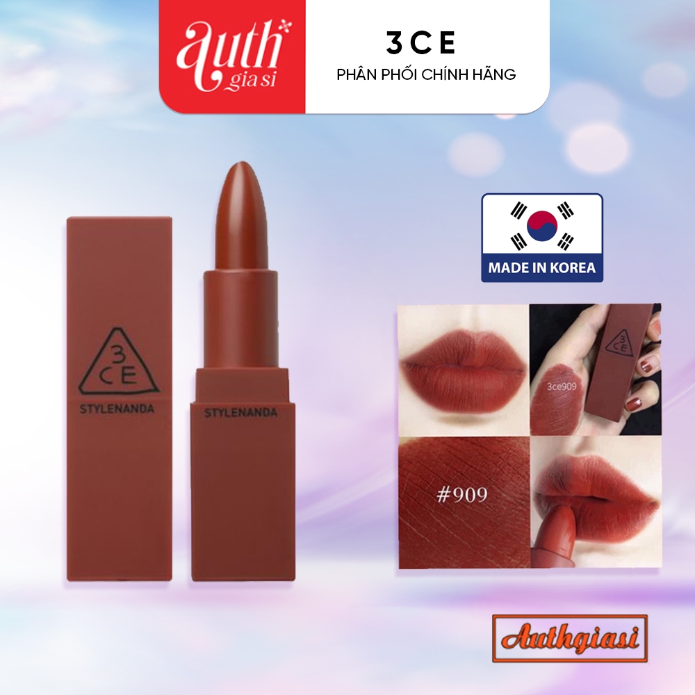 Son thỏi 3CE Mood Recipe Matte Lip Color #909 Smoked Rose chính hãng vỏ đỏ mềm mịn và mướt môi