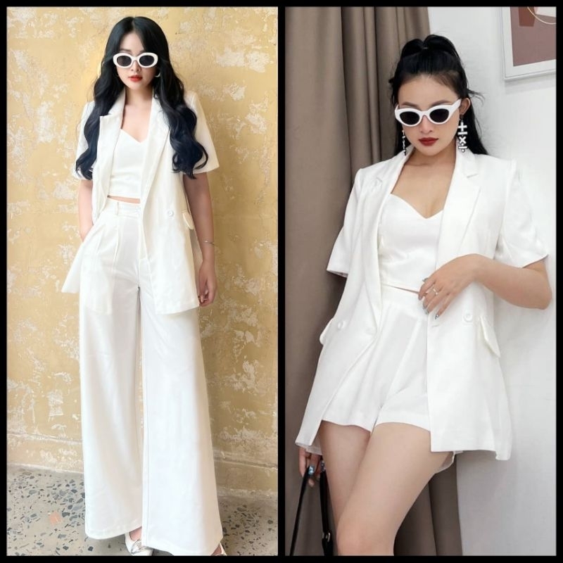femei - Set Blazer Vest tay ngắn phối quần ngắn - dài ( Trắng)