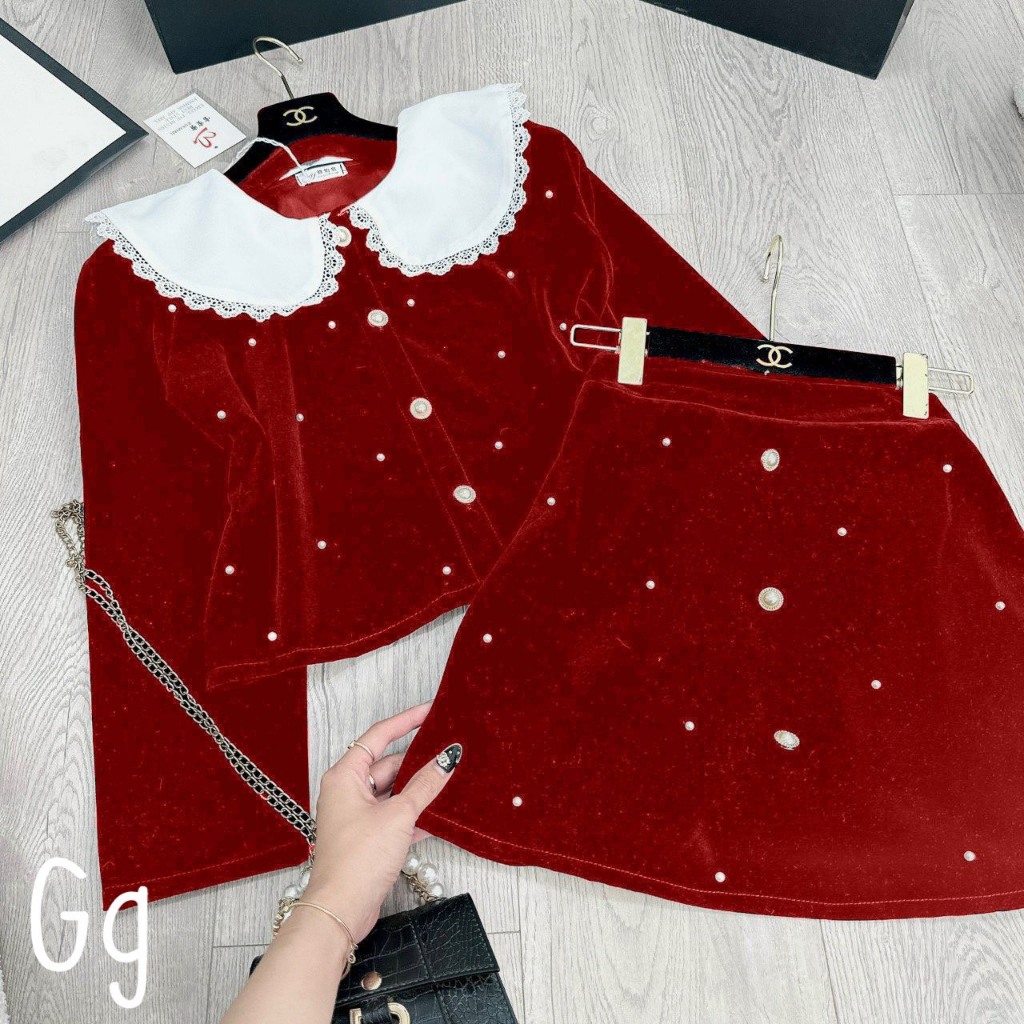 Set váy nữ đi chơi TẾT,noel,váy nhung đính đá phối cổ bèo trắng tiểu thư mix chân váy cúc đá chữ A chất nhung cứng