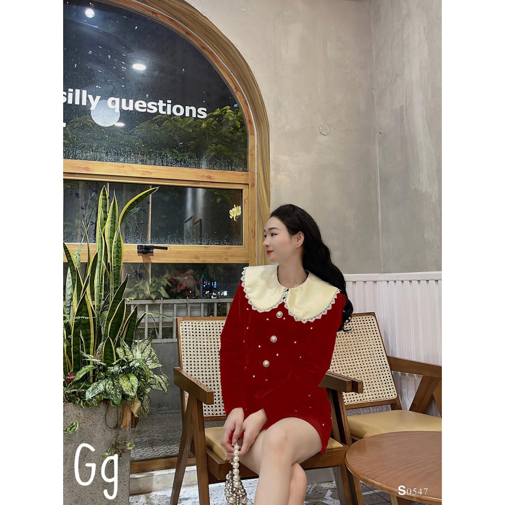 Set váy nữ đi chơi TẾT,noel,váy nhung đính đá phối cổ bèo trắng tiểu thư mix chân váy cúc đá chữ A chất nhung cứng