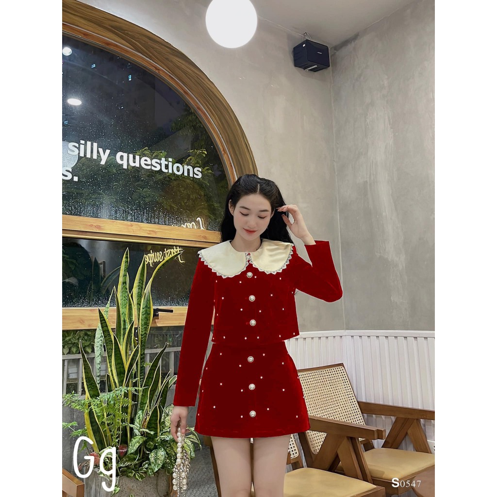 Set váy nữ đi chơi TẾT,noel,váy nhung đính đá phối cổ bèo trắng tiểu thư mix chân váy cúc đá chữ A chất nhung cứng