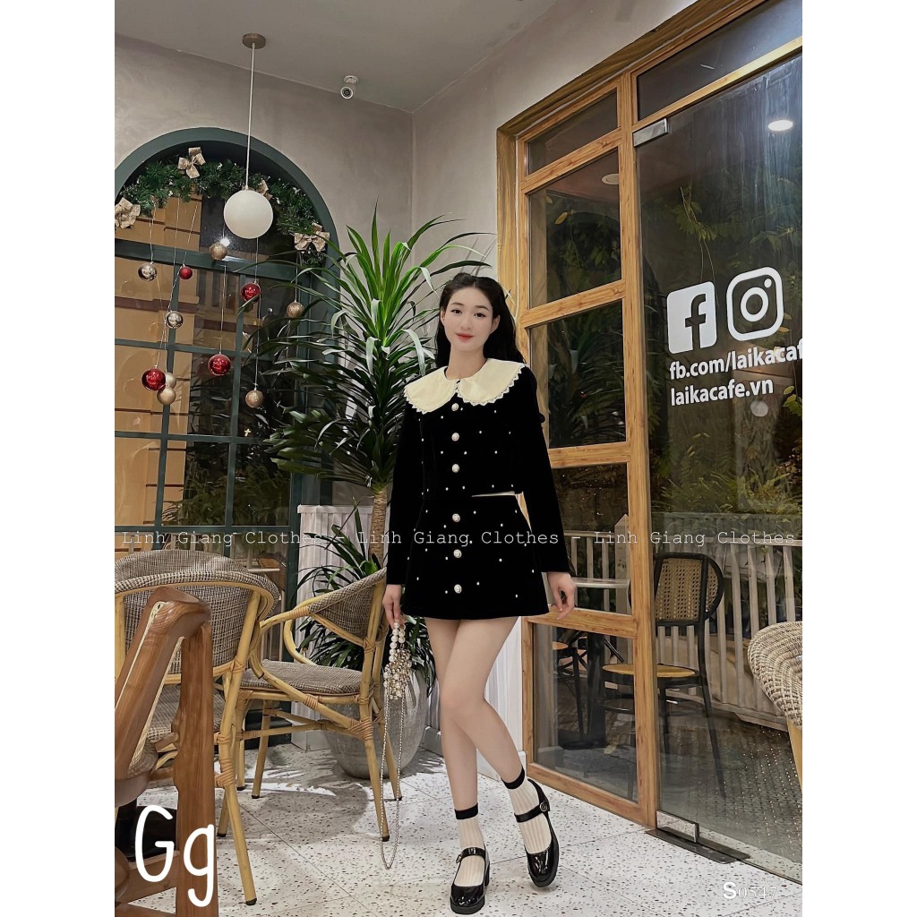 Set váy nữ đi chơi TẾT,noel,váy nhung đính đá phối cổ bèo trắng tiểu thư mix chân váy cúc đá chữ A chất nhung cứng